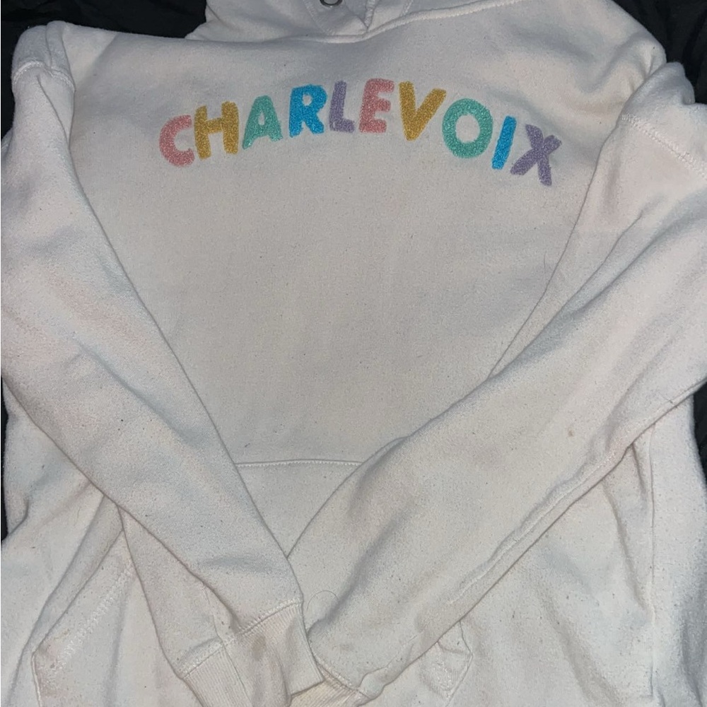 Charlevoix White Hoodie with Multicolor Letters